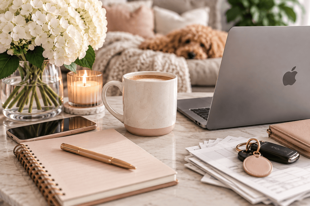 Cozy desk with coffee, laptop, flowers, and a dog in the background
